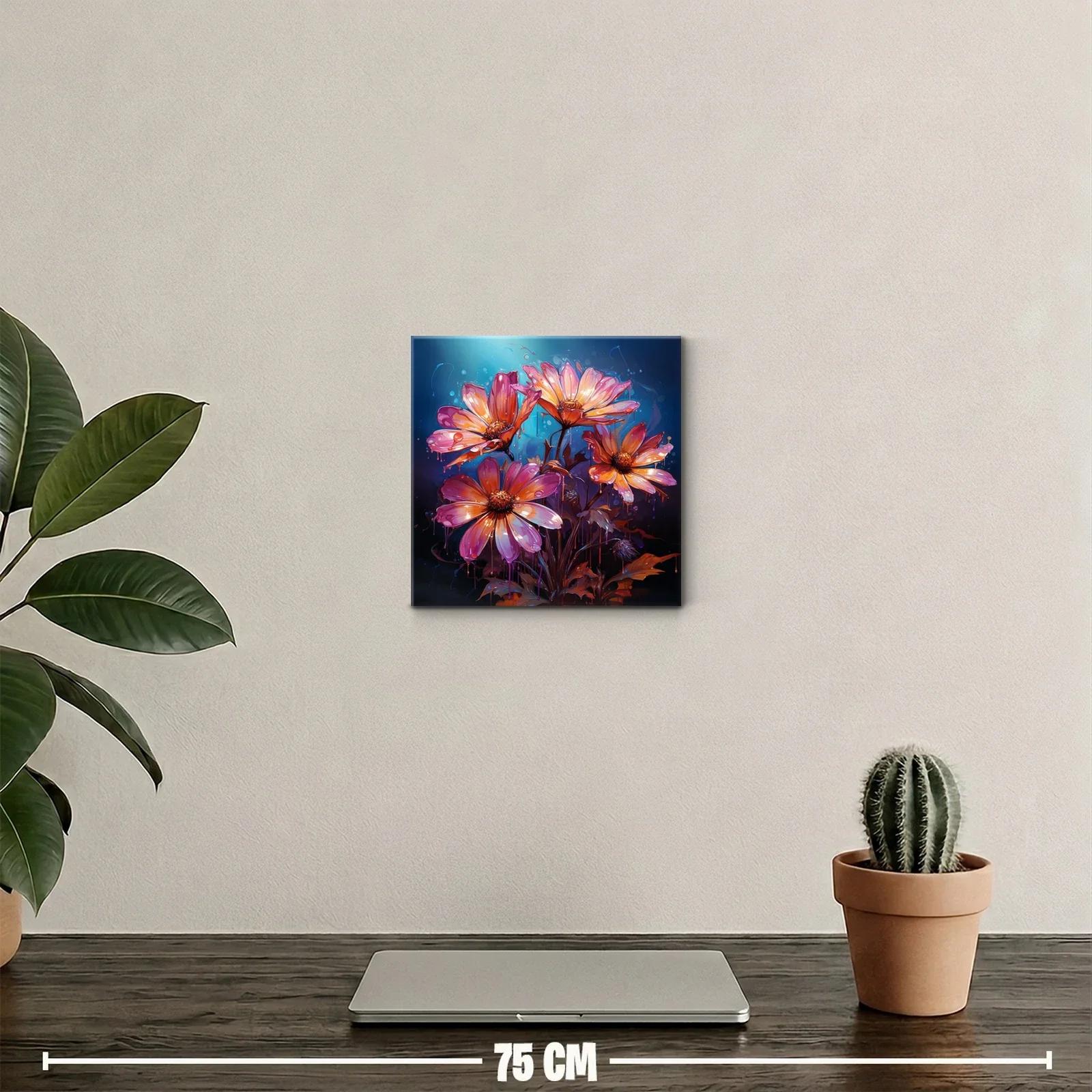 Cuadro floral vibrante con tonos cálidos y fondo azul oscuro — miniatura 2