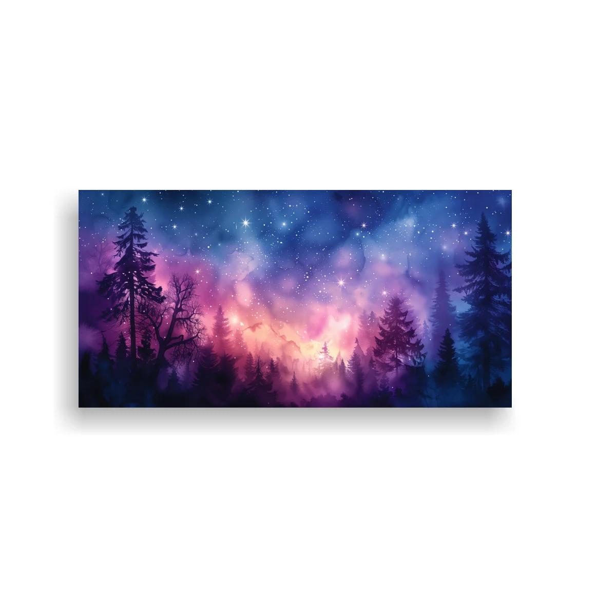 Cuadro bosque de pinos con nebulosa violeta — imagen principal