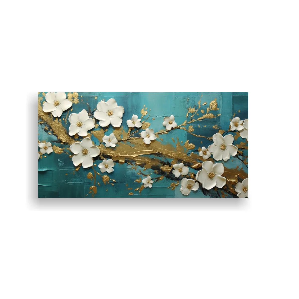 Cuadro flores blancas de magnolia sobre fondo turquesa