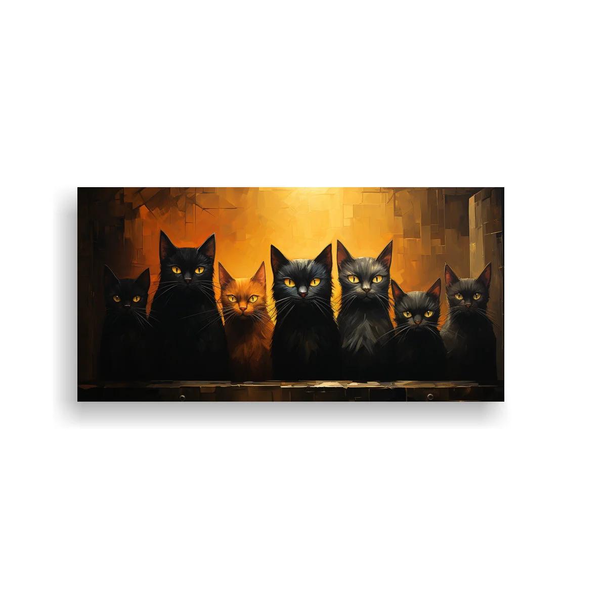 Cuadro grupo de gatos negros con fondo ámbar iluminado