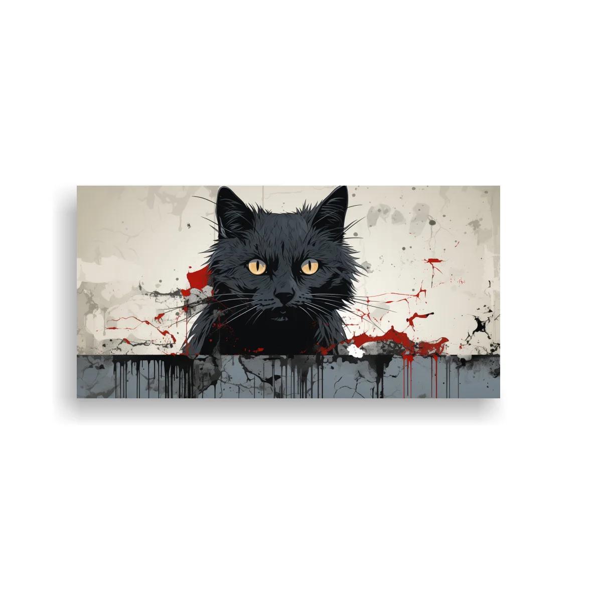 Cuadro gato negro con salpicaduras rojas