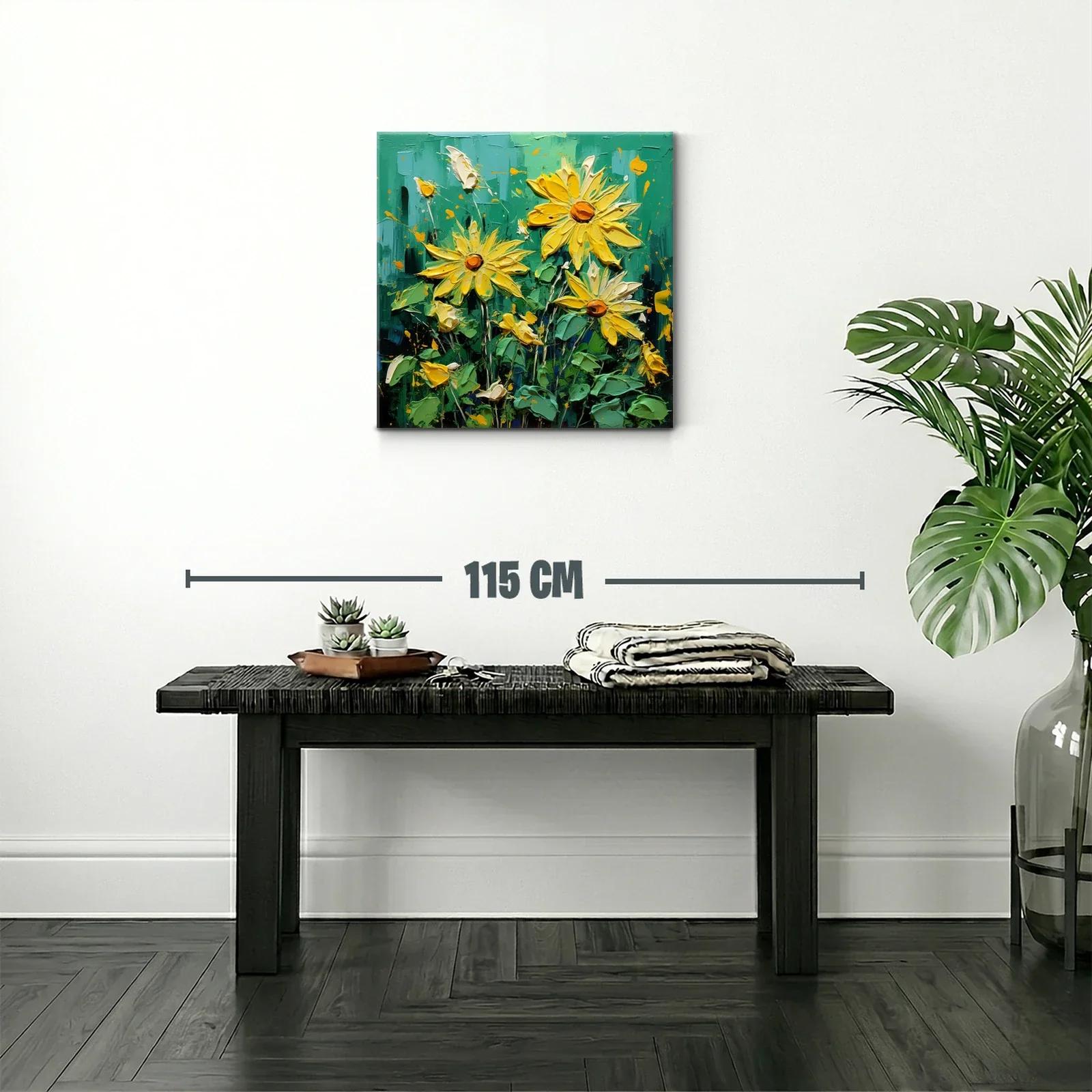 Cuadro vibrante con flores amarillas sobre fondo verde intenso — miniatura 2