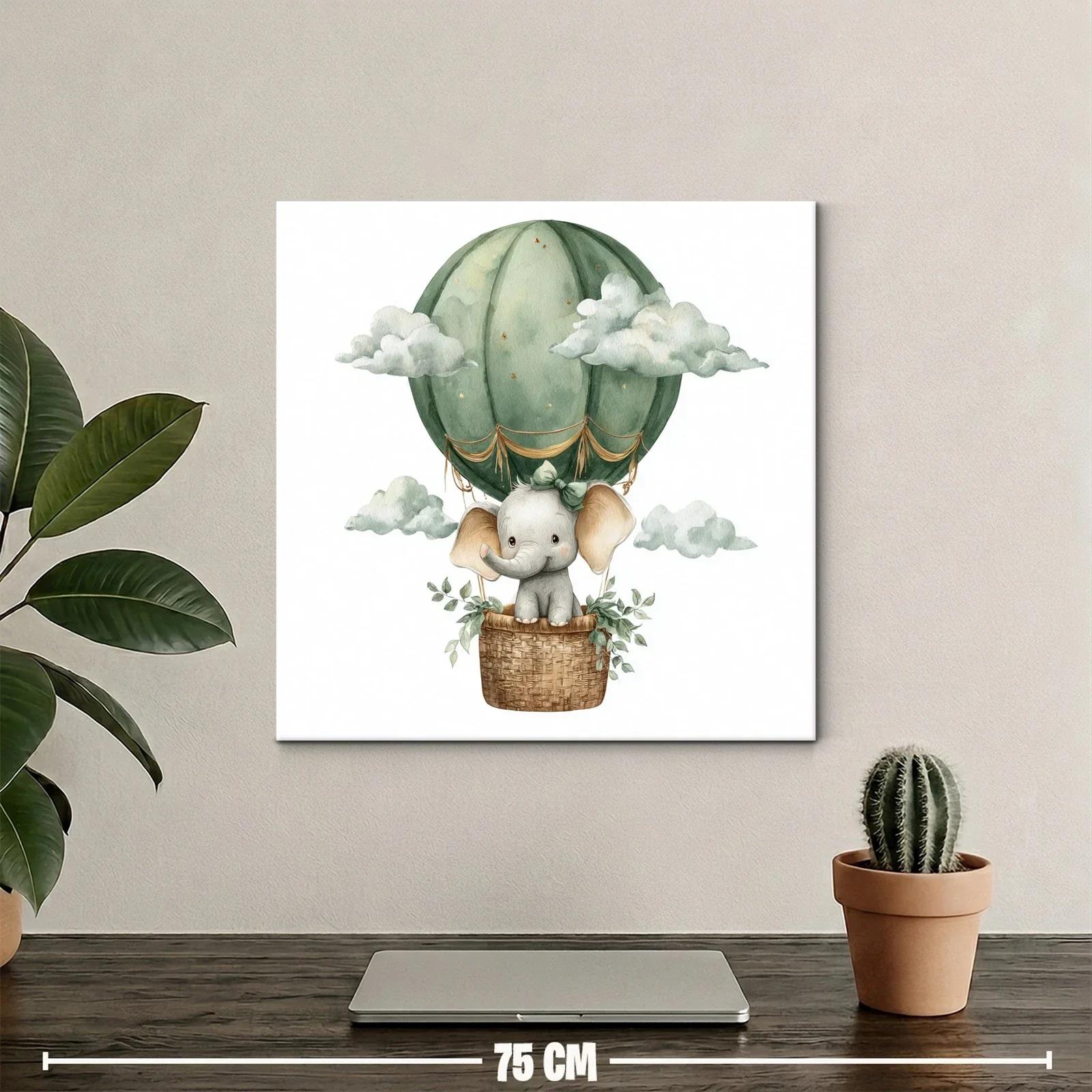 Elefante tierno volando en globo verde con nubes suaves — miniatura 2