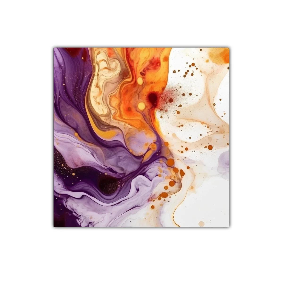 Cuadro abstracto con tonos cálidos y lilas vibrantes