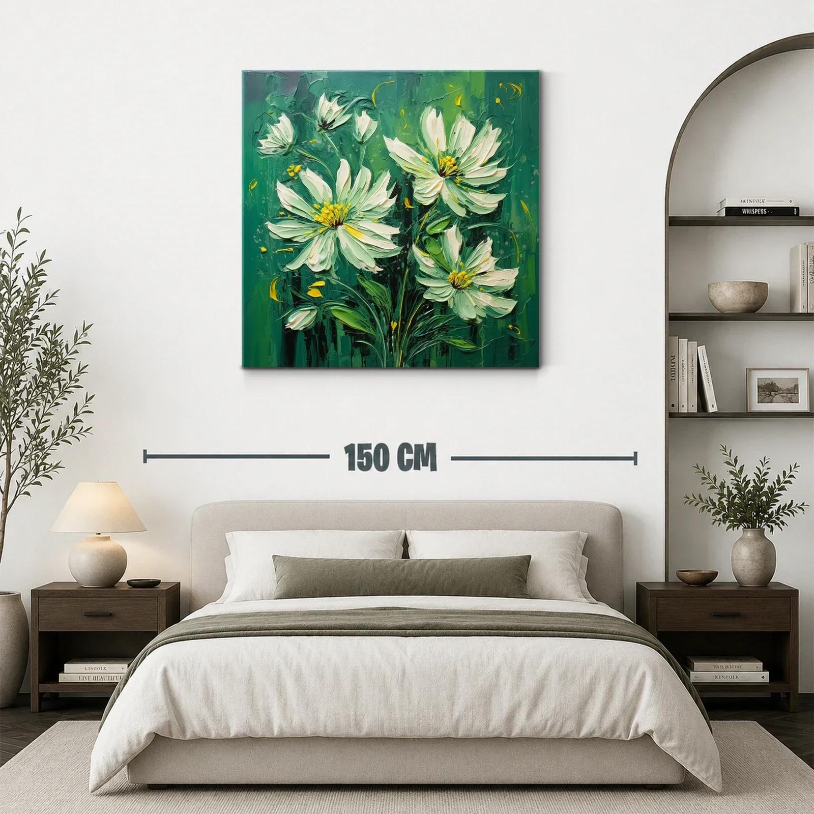 Cuadro flores blancas sobre fondo verde intenso — miniatura 3