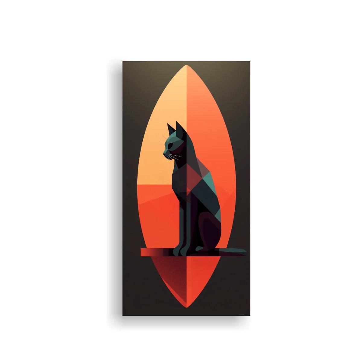 Cuadro gato negro con tabla de surf