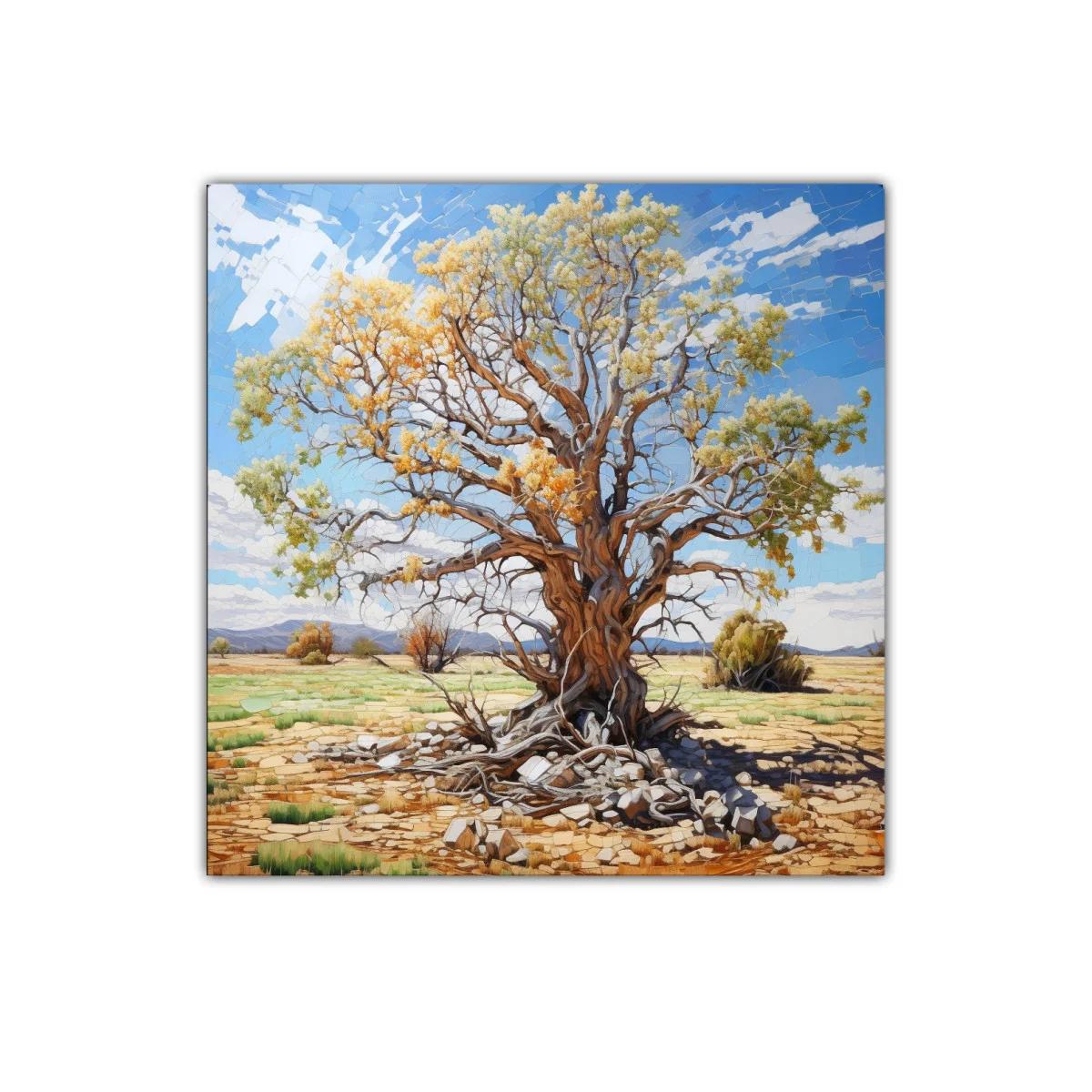 Árbol con hojas doradas en paisaje soleado