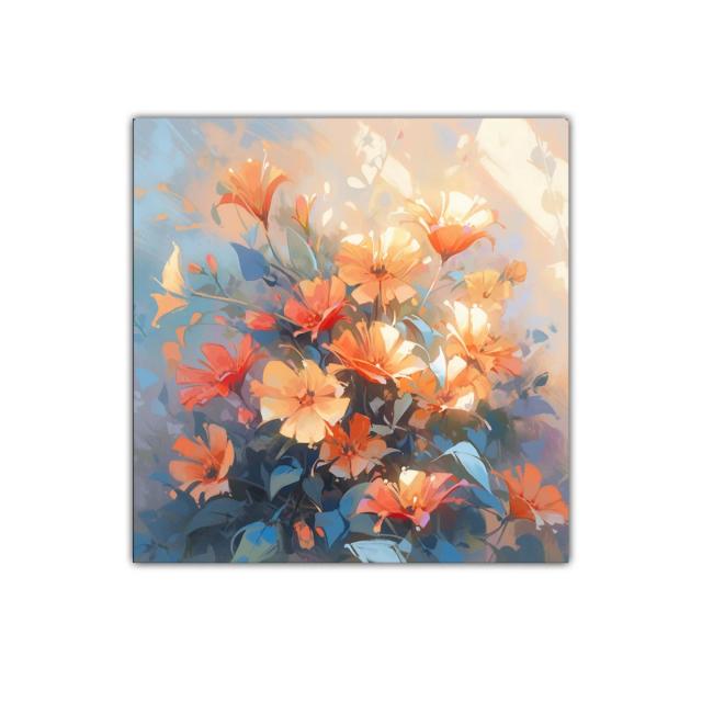 Cuadro con ramo de flores en tonos cálidos y azulados