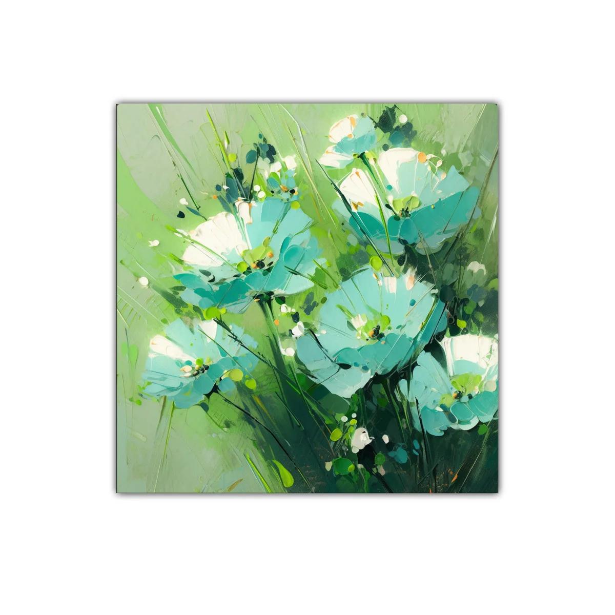 Cuadro floral con vibrantes tonos verdes y azules delicados