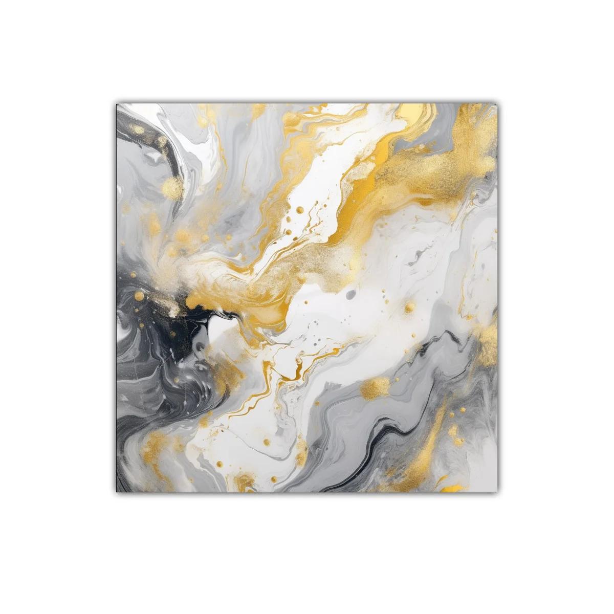 Cuadro abstracto con tonos dorados y grises fluidos en movimiento