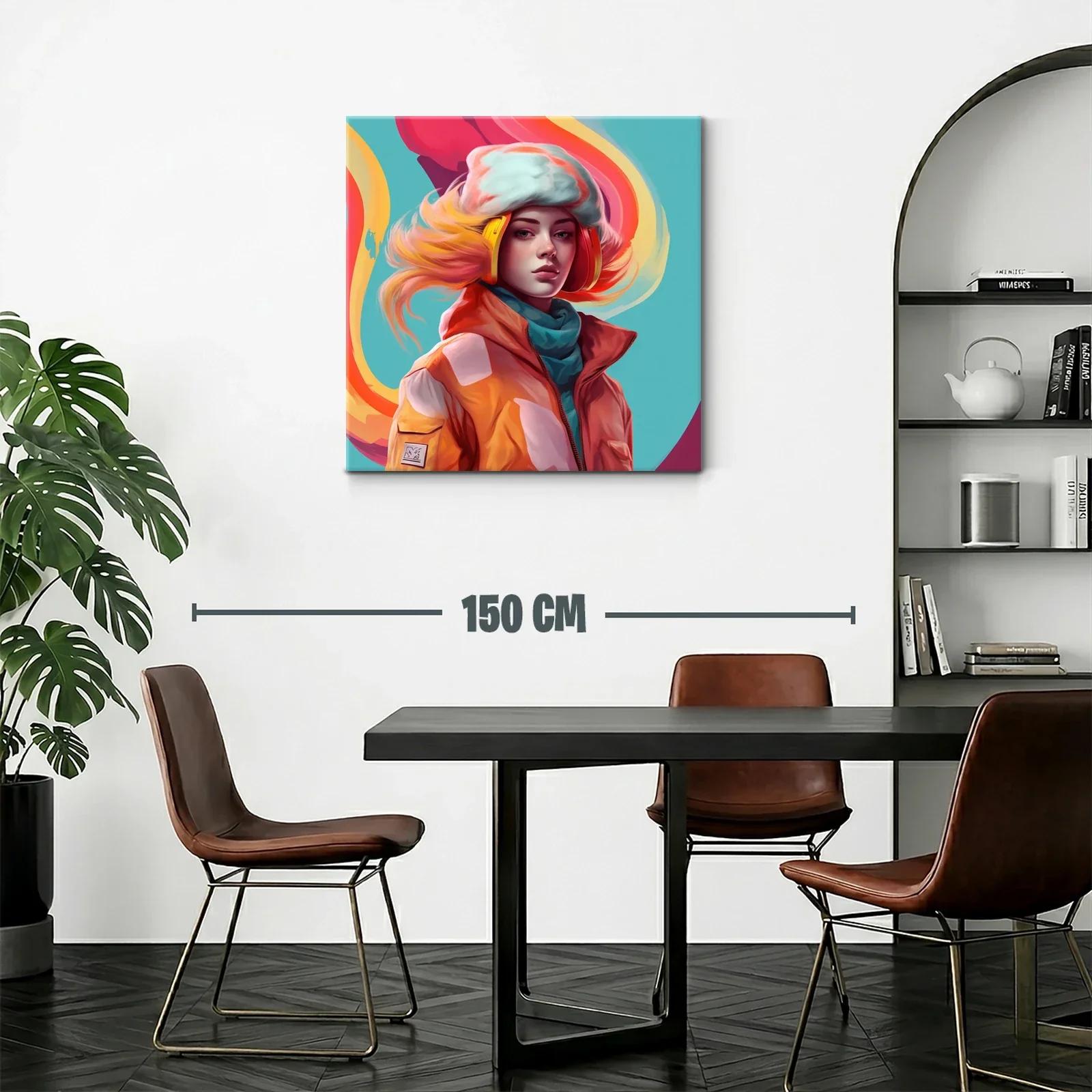 Retrato vibrante de mujer con auriculares y abrigo naranja — miniatura 2