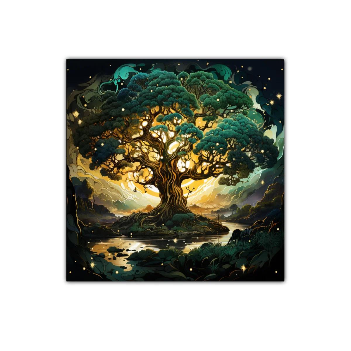 Árbol mágico iluminado con tonos verdes y dorados — imagen principal