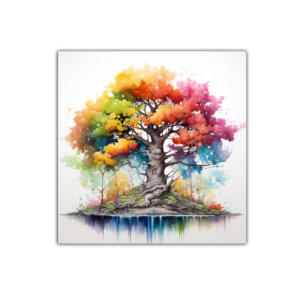 Árbol vibrante con explosión de colores y raíces entrelazadas