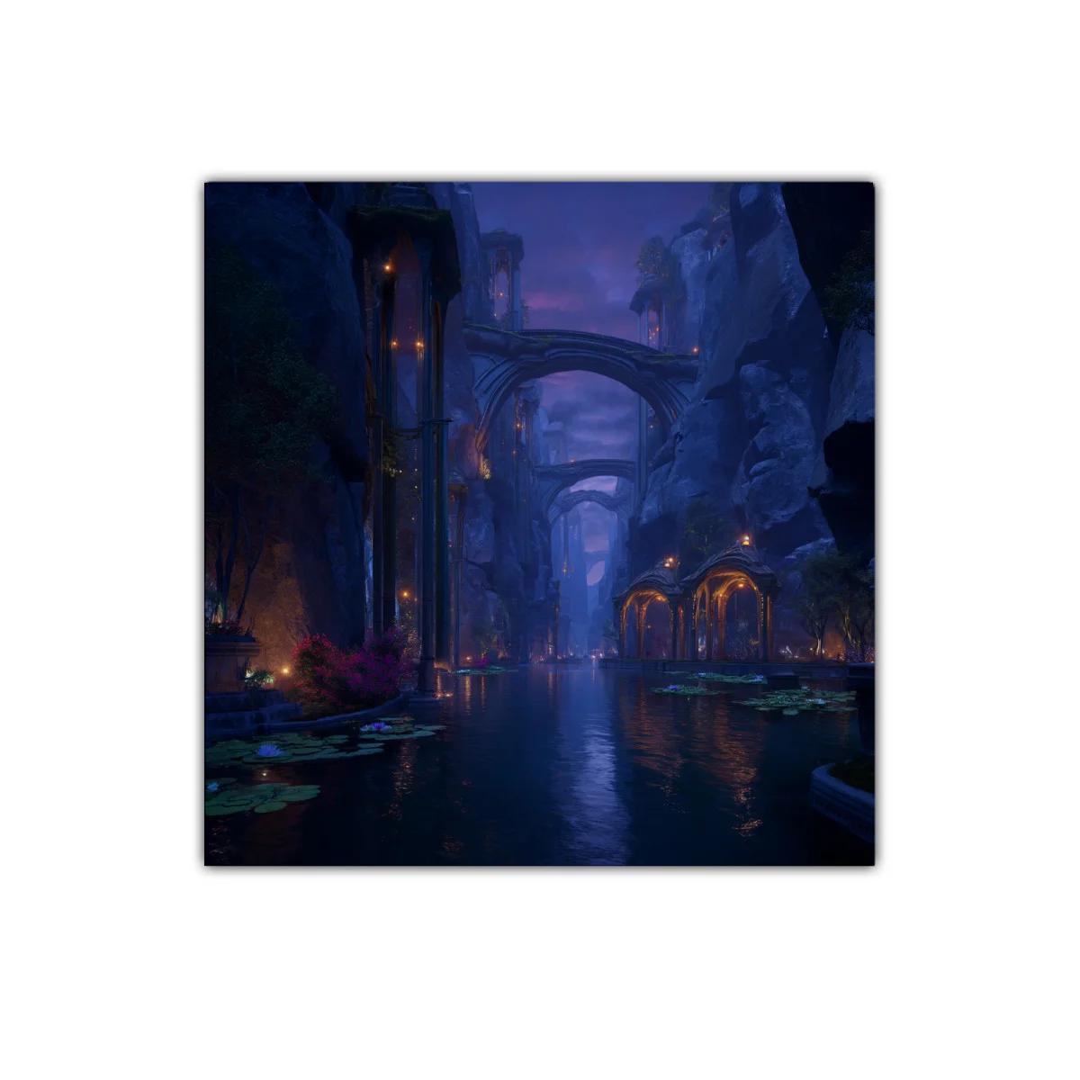 Paisaje nocturno místico en cañón con arcos iluminados — imagen principal