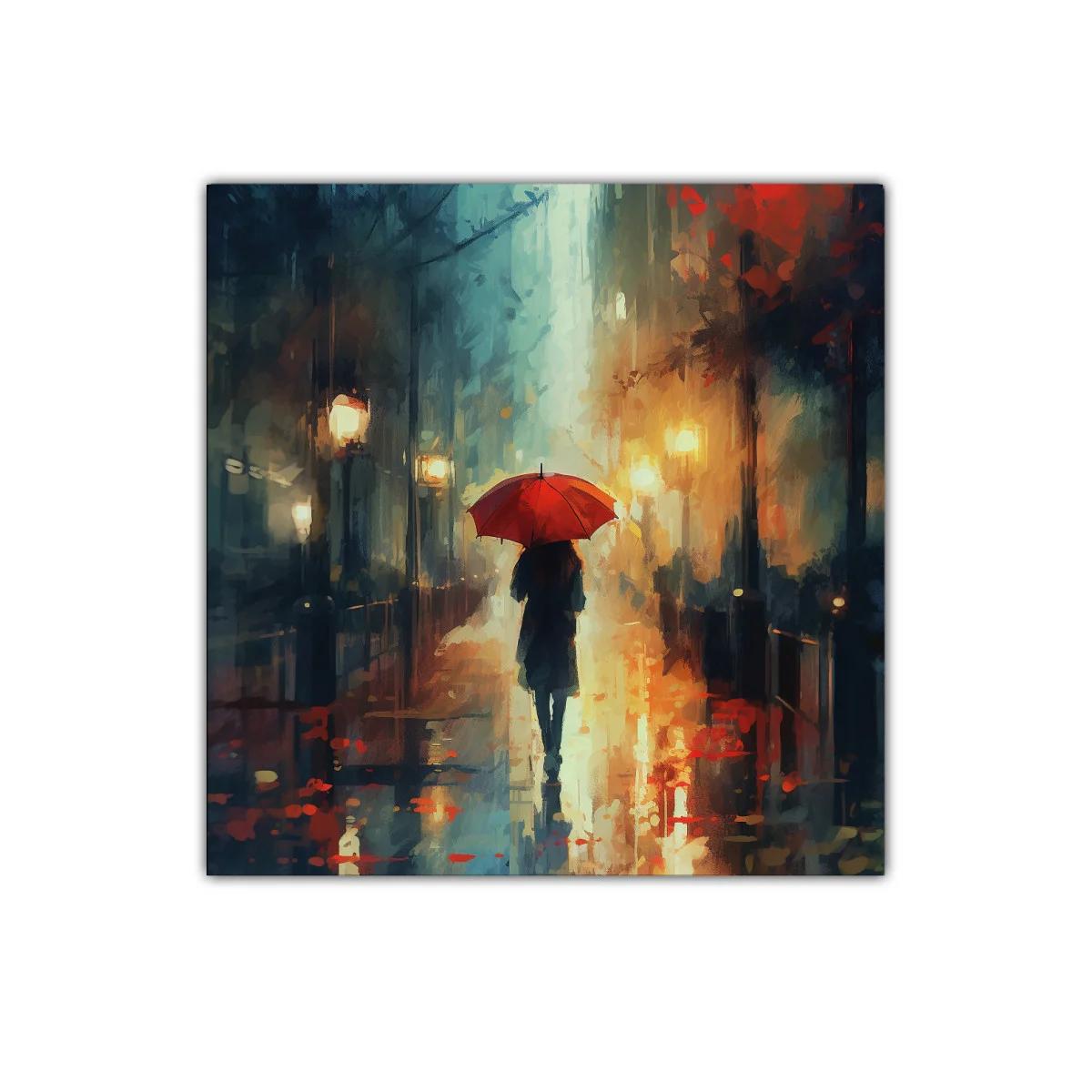 Figura bajo paraguas rojo en calle iluminada y lluviosa — imagen principal