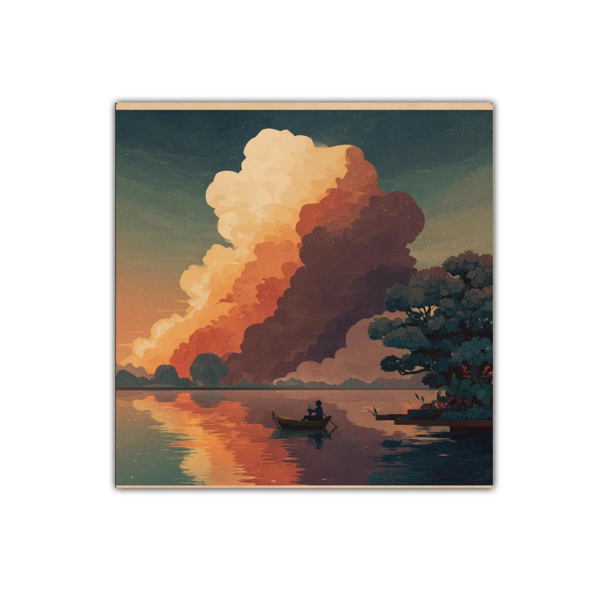 Paisaje sereno de un pescador en laguna al atardecer — imagen principal