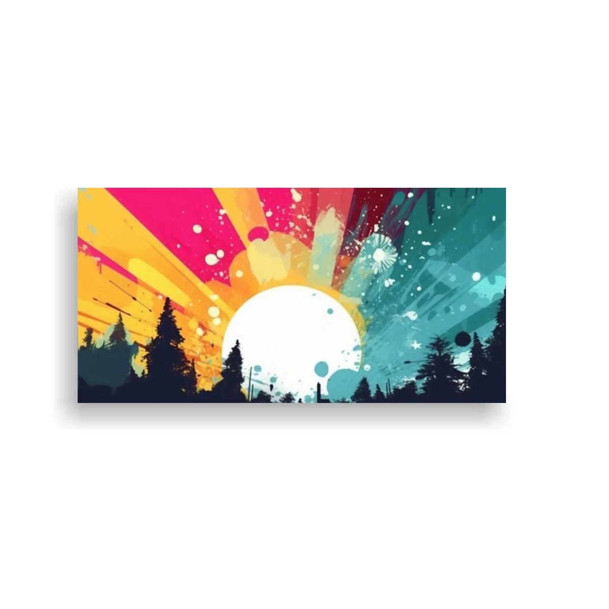 Cuadro sol brillante con bosque y líneas radiales