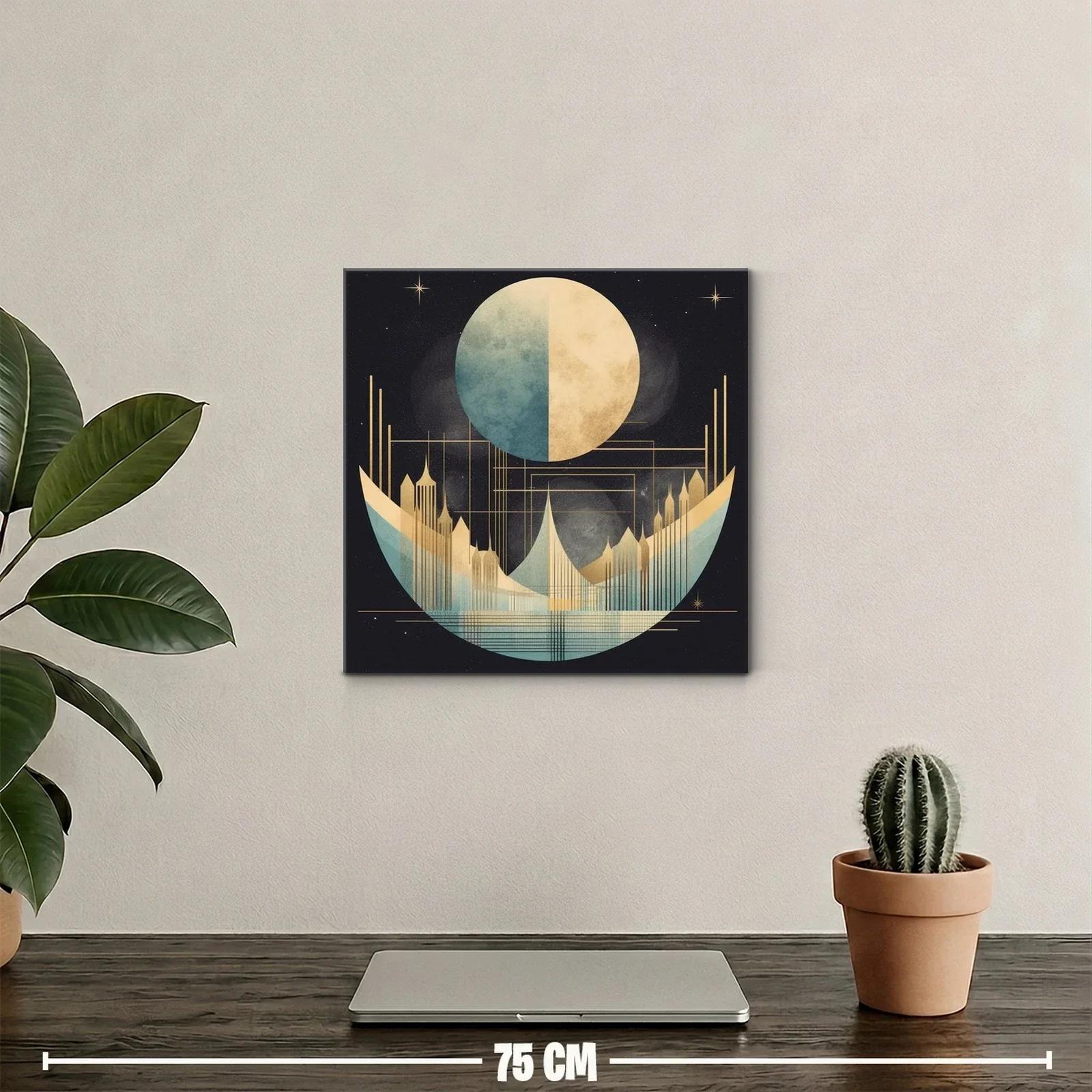 Cuadro abstracto con luna y ciudad futurista en tonos dorados — miniatura 2