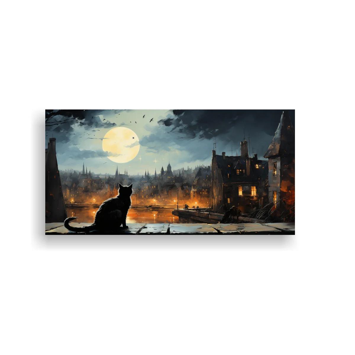 Cuadro gato negro mirando un canal y una ciudad iluminada bajo la luna