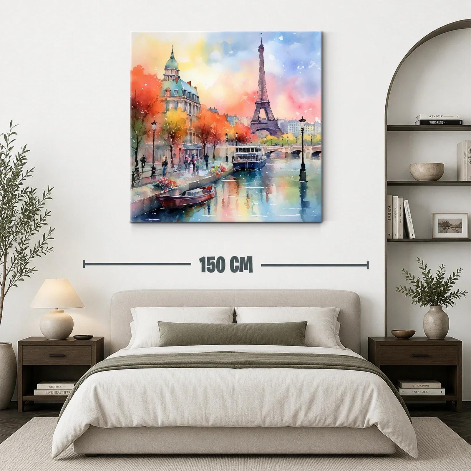 Paisaje urbano con la torre Eiffel y río al atardecer — miniatura 3