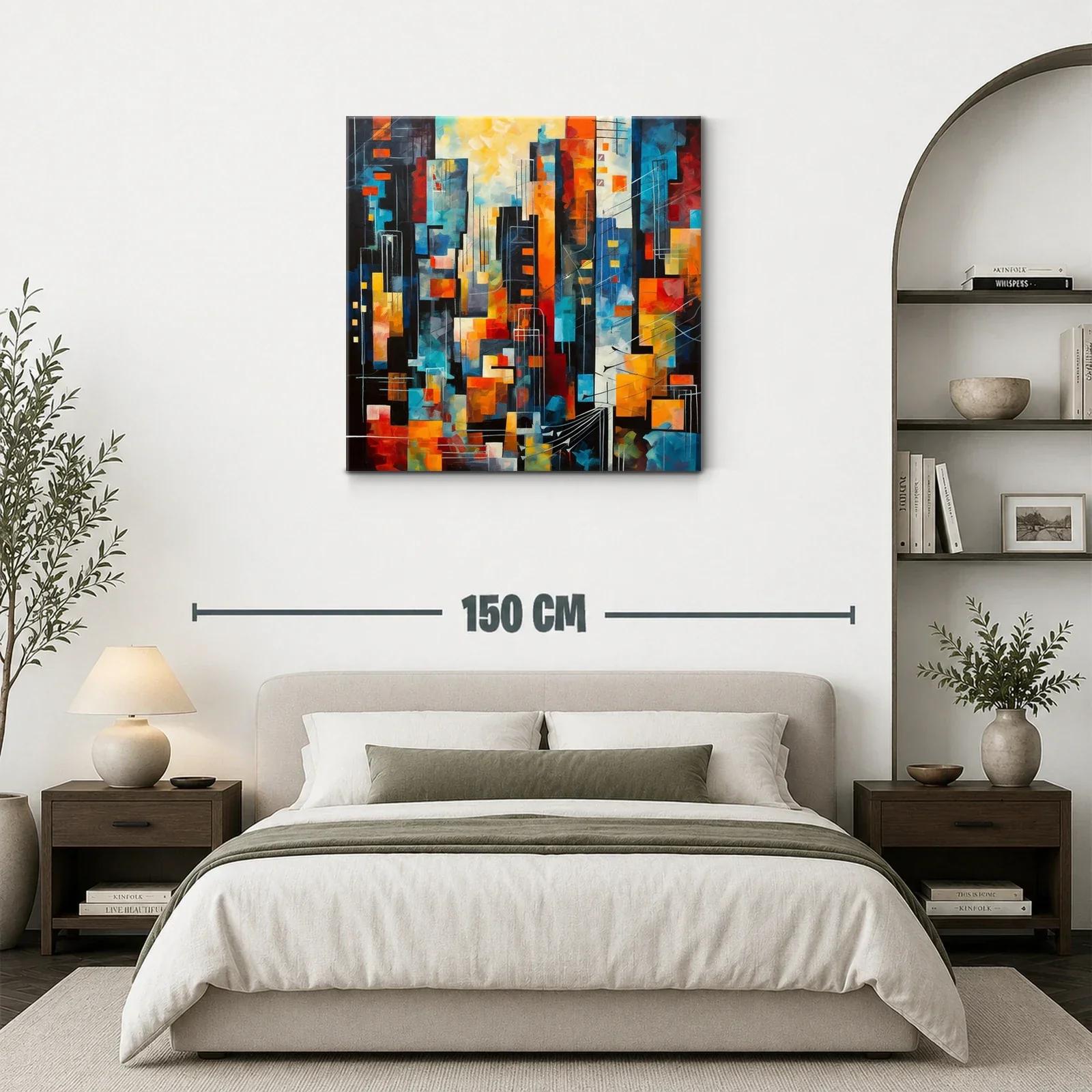 Cuadro abstracto con vibrante ciudad en tonos cálidos y fríos — miniatura 3