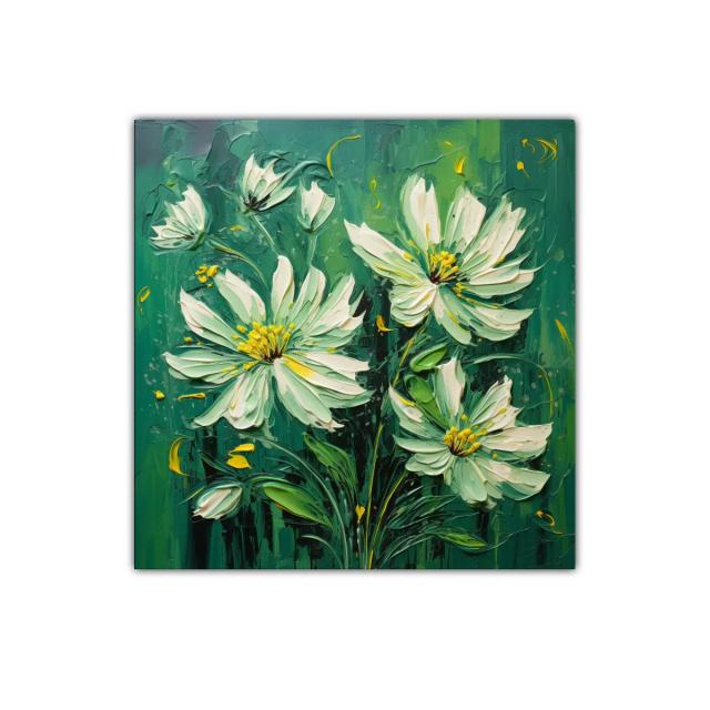 Cuadro flores blancas sobre fondo verde intenso