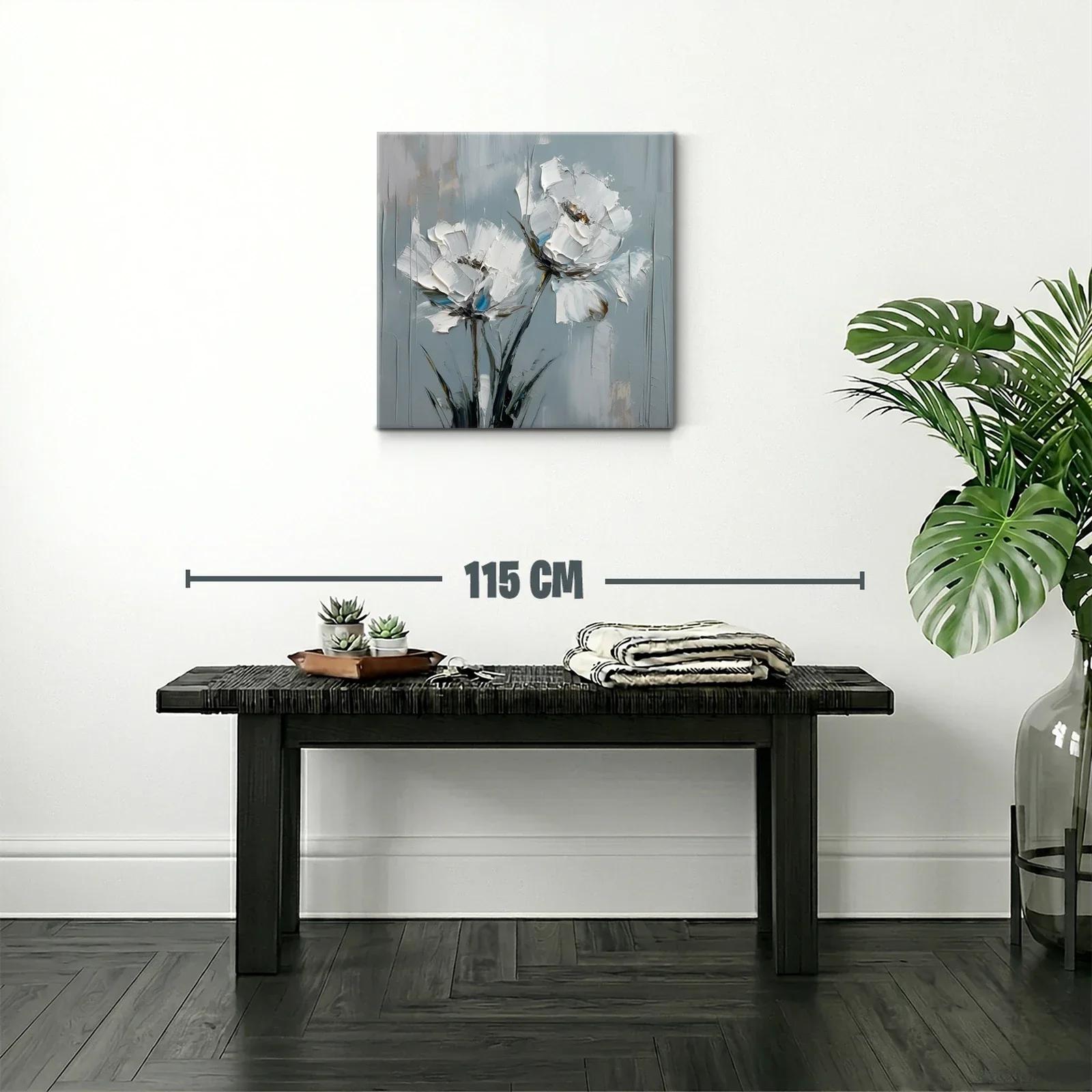 Cuadro moderno con flores blancas sobre fondo gris azulado — miniatura 2