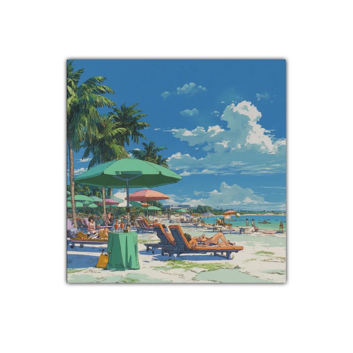 Escena playera con palmeras y sombrillas coloridas