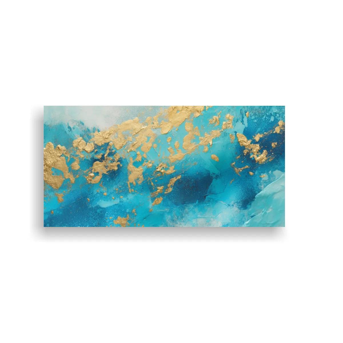 Cuadro abstracto en azul turquesa con manchas doradas dispersas