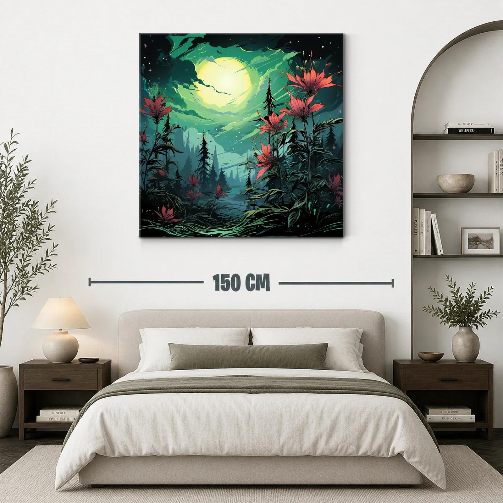 Flores rojas bajo la luna llena en paisaje nocturno encantado — miniatura 3