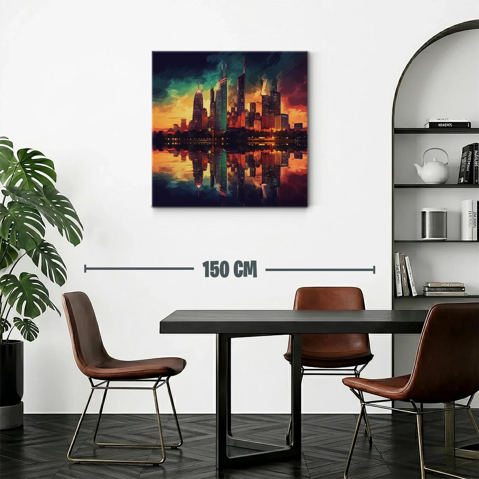 Atardecer vibrante sobre ciudad con reflejo en agua — miniatura 2
