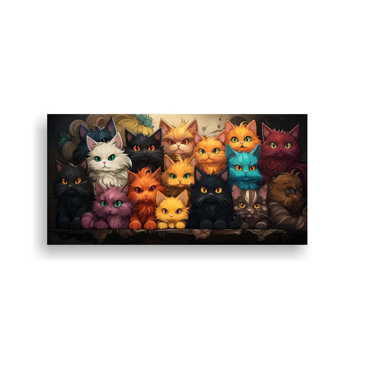 Cuadro grupo de gatos de colores sobre fondo oscuro