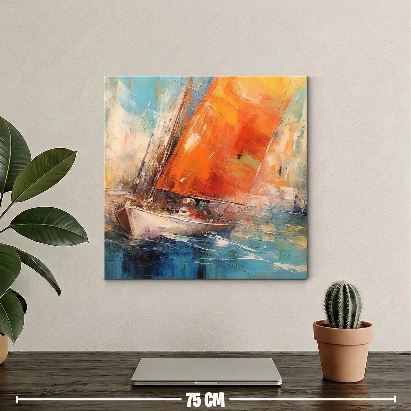 Cuadro barco con velas naranjas surcando el mar azul — miniatura 2