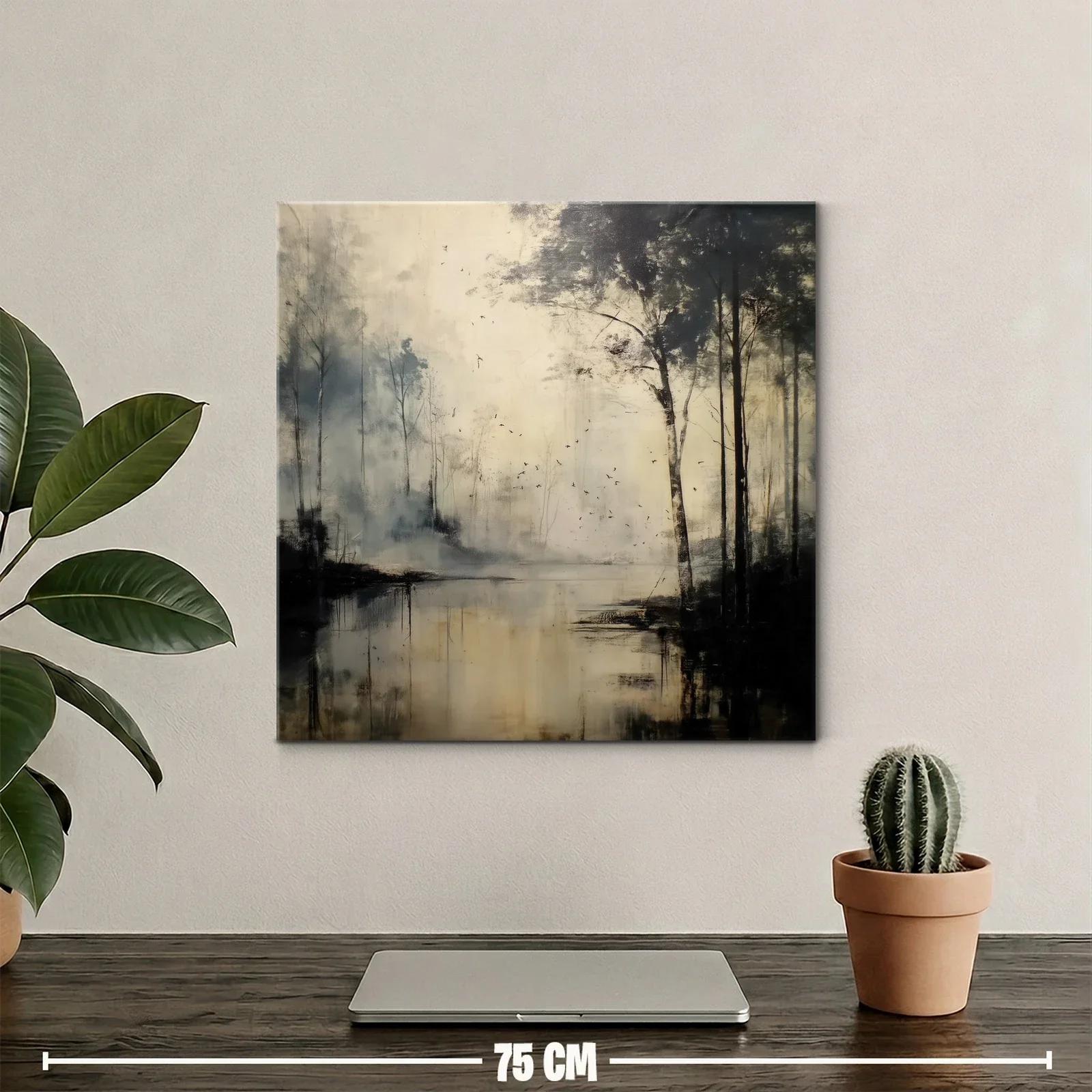 Paisaje sereno con árboles y reflejos en tonos neutros — miniatura 2