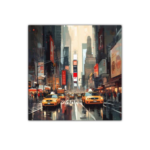 Escena urbana vibrante con taxis amarillos en ciudad lluviosa