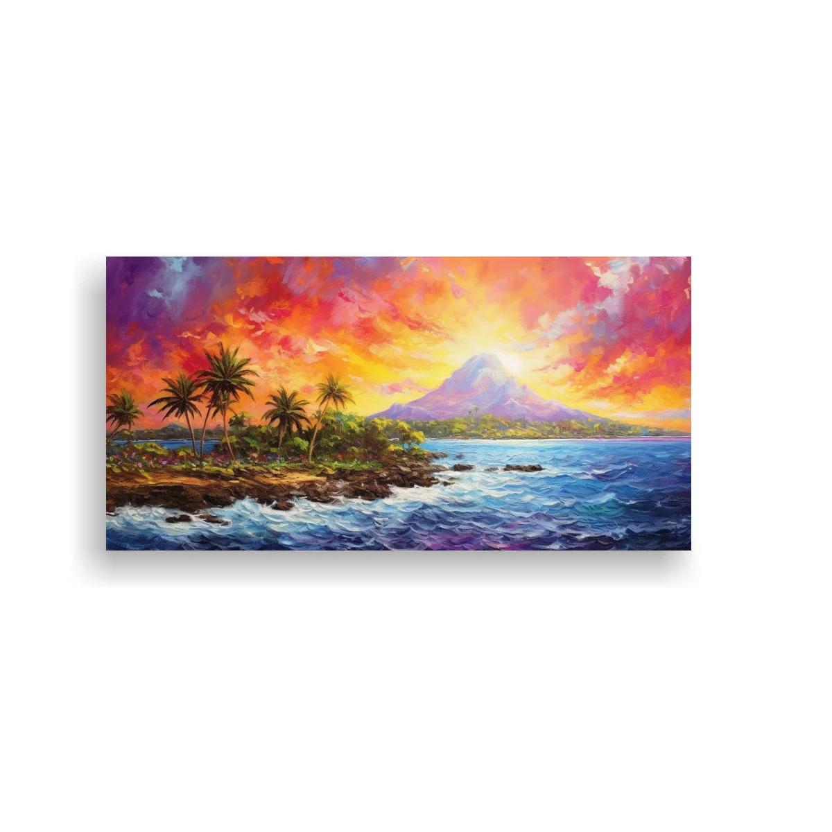 Cuadro isla tropical con volcán y palmeras