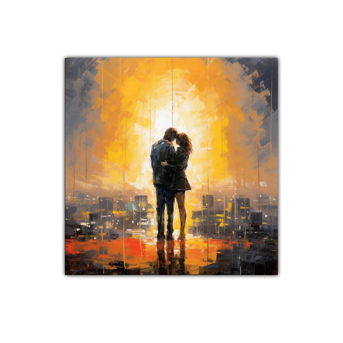 Escena romántica al atardecer con tonos cálidos y urbanos