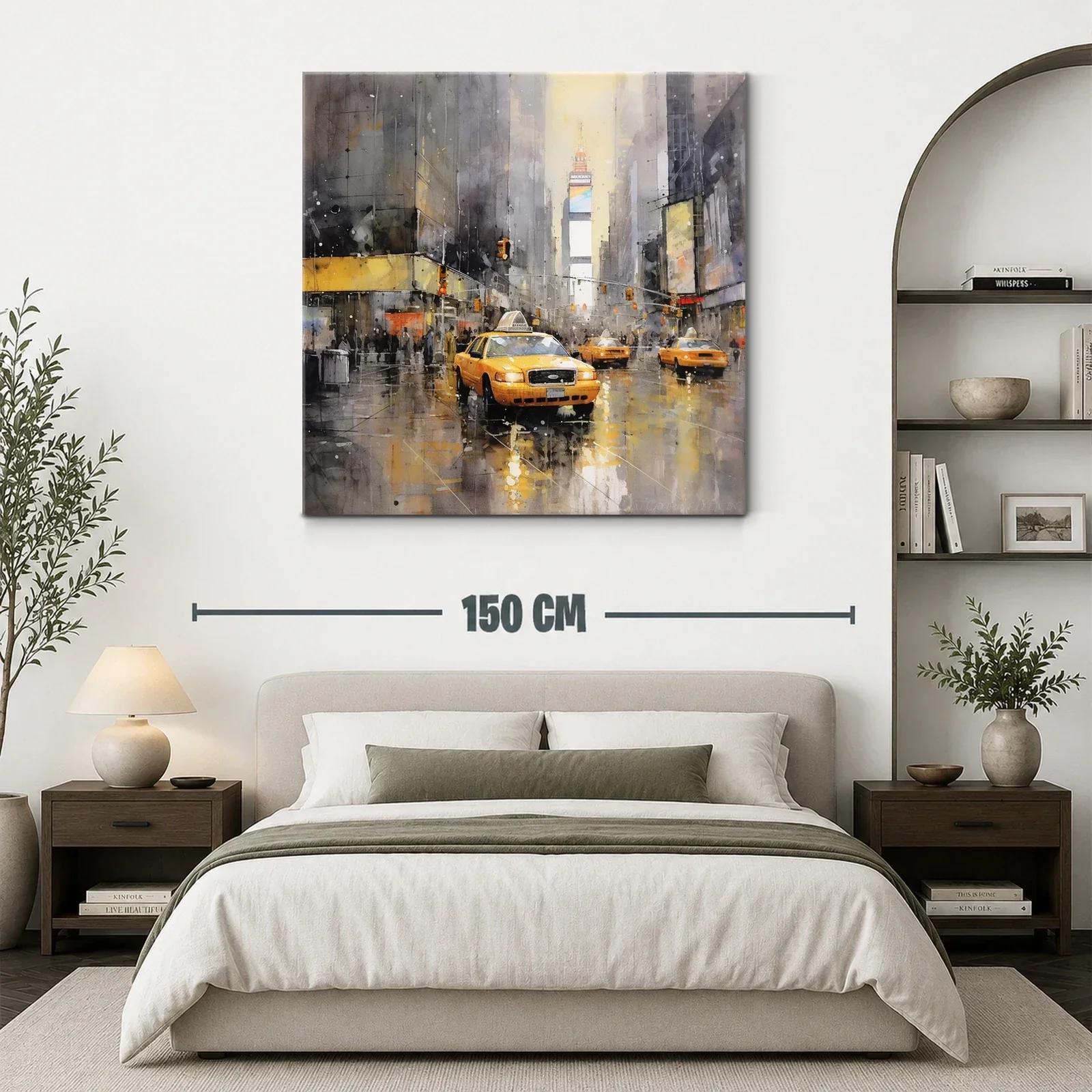 Cuadro urbano con taxis amarillos y reflejos en la lluvia — miniatura 3