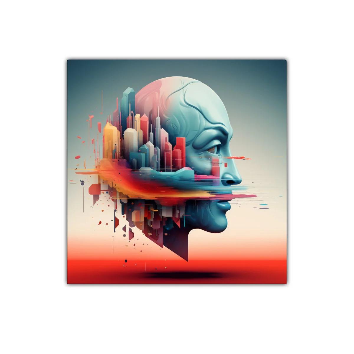 Rostro futurista con ciudad integrada en tonos vibrantes — imagen principal