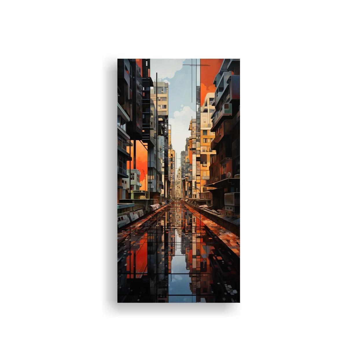 Cuadro calle urbana con edificios altos y reflejos en agua