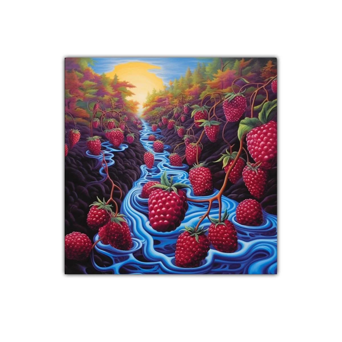 Paisaje surrealista con frambuesas gigantes al amanecer — imagen principal