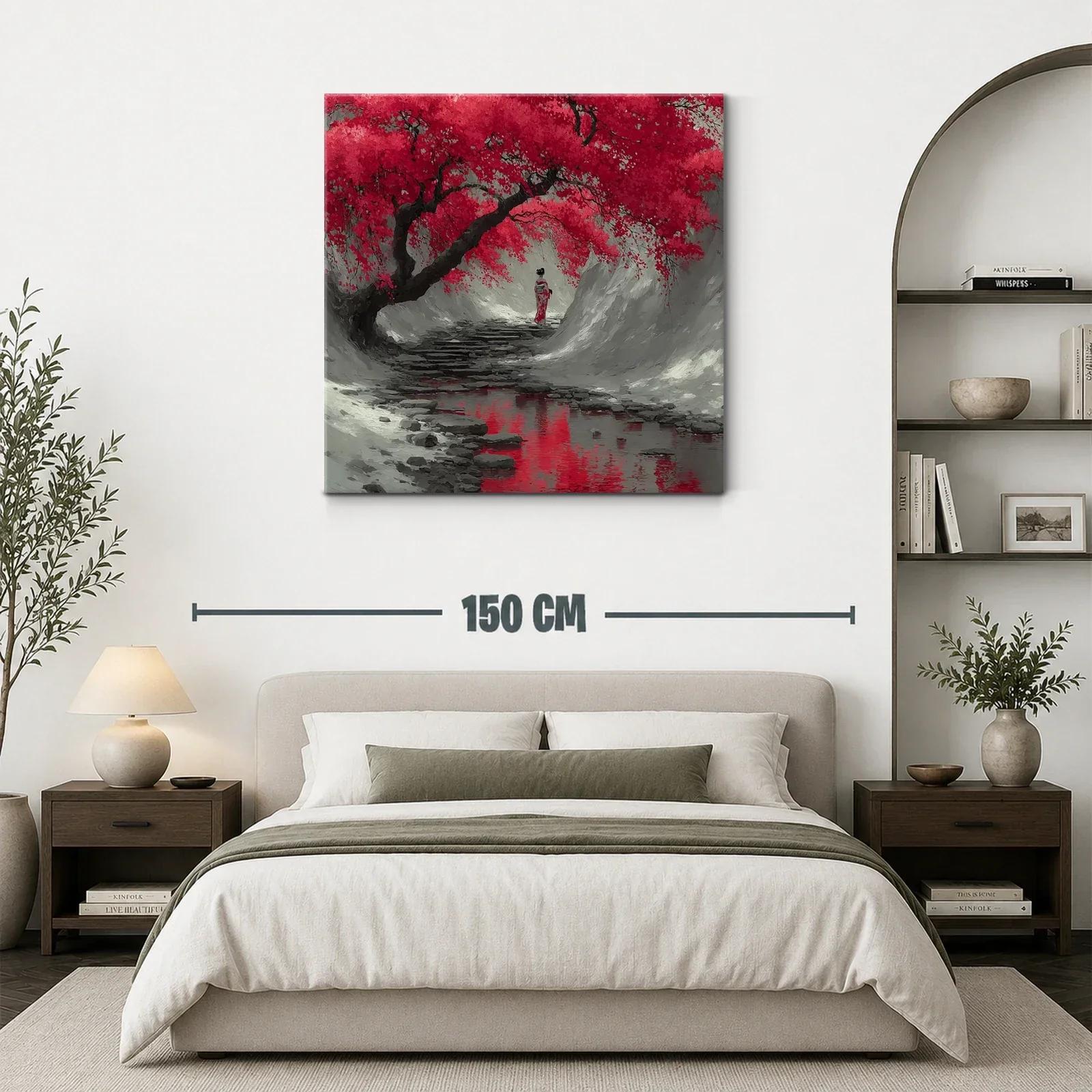Camino sereno bajo cerezos en flor rojo intenso — miniatura 3