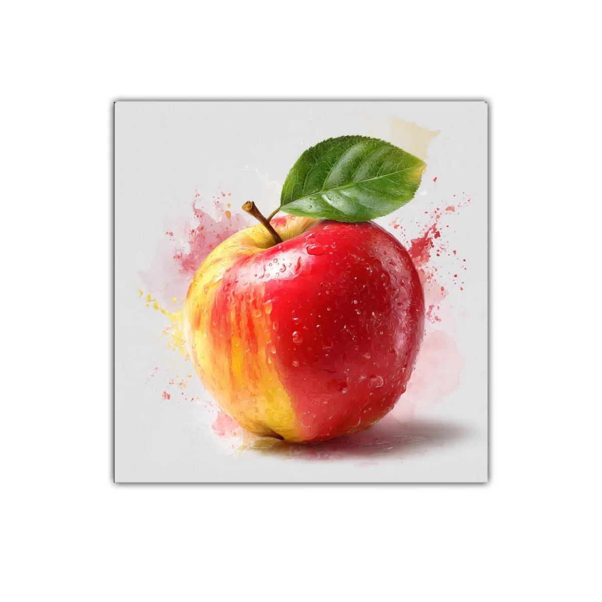 Cuadro decorativo manzana roja con toque amarillo y hoja verde