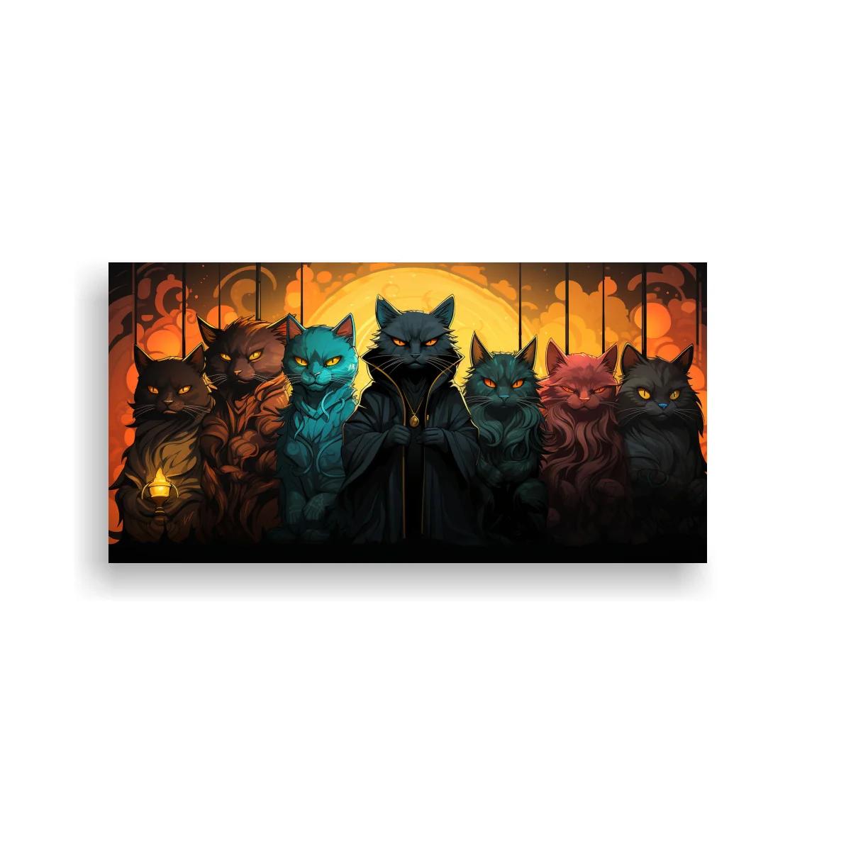 Cuadro grupo de gatos negros con fondo gótico cálido