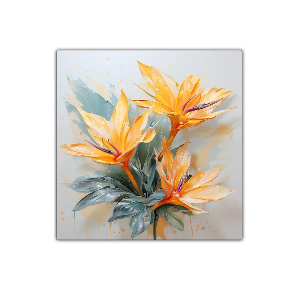 Cuadro decorativo con flores exóticas en tonos cálidos y verdes