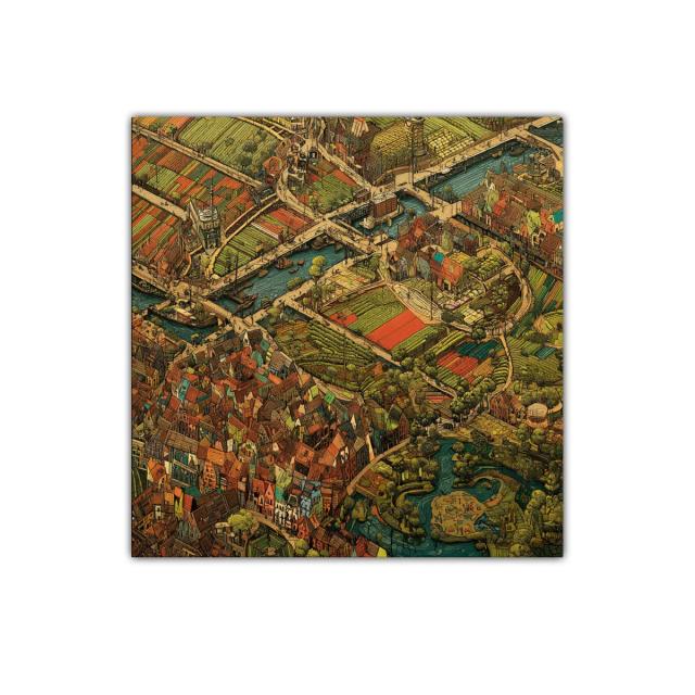 Mapa artístico de pueblo y campos con canales y puentes