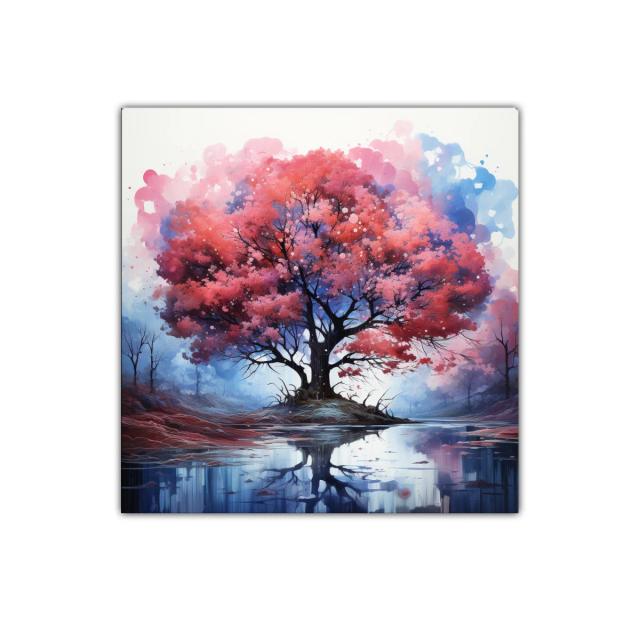 Árbol rojo reflejado en lago sereno con tonos azules