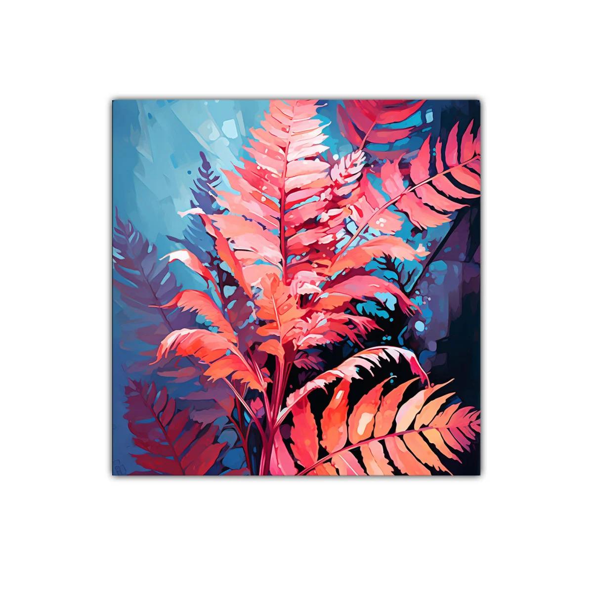 Cuadro decorativo con hojas tropicales en tonos vibrantes
