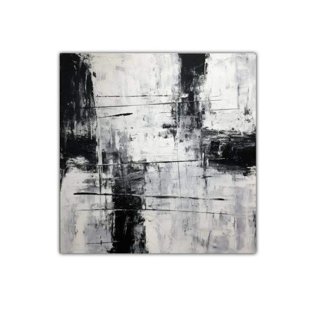 Cuadro abstracto en blanco y negro con textura y líneas dinámicas
