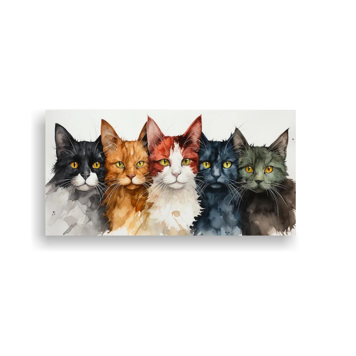 Cuadro grupo de cinco gatos de frente y muy juntos